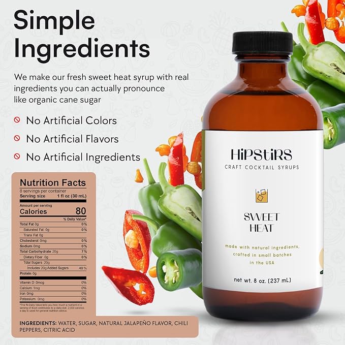 HipStirs Sweet Heat Jalapeño Simple Syrup - Spicy Cocktail Mixer for Margaritas, Palomas & More - Our Jalapeño Infused Spicy Syrup for Cocktails is Non-GMO, Gluten Free & Vegan (8 FL Oz)