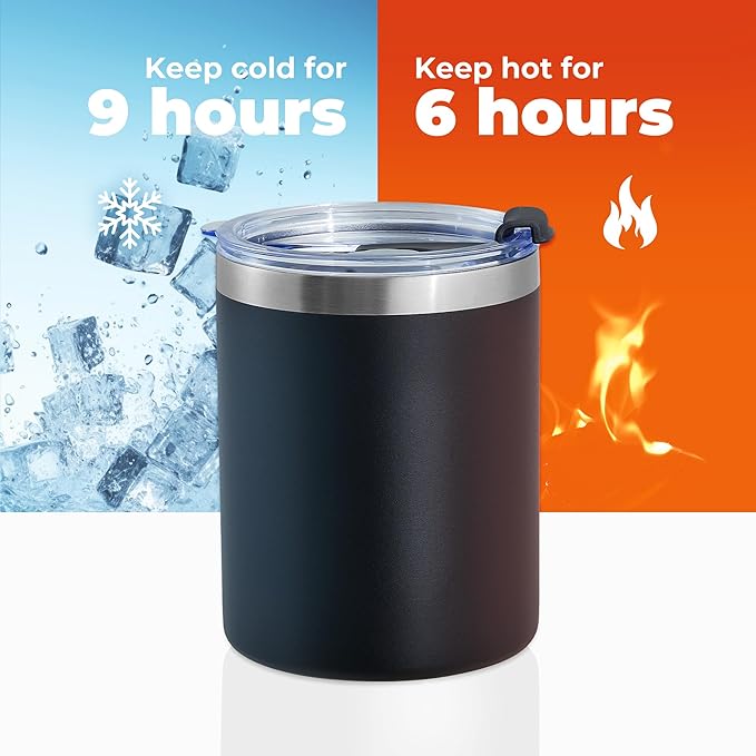 MEWAY 12 oz Lowball, Tumbler Stainless Steel Double Wall Vacuum Insulated Mug with Straw and Lid, Cleaning Brush ，Durable Powder Coated Insulated Coffee Cup for Cold & Hot Drinks (Black, 12 pack)