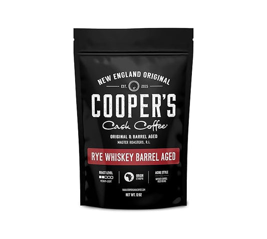 Rye Whiskey Barrel Aged Coffee, Single Origin Ethiopian Coffee Raw Beans Aged in Rye Whiskey Casks, Freshly Roasted, Battle Cry Whiskey, 5lb Bags, Ground
