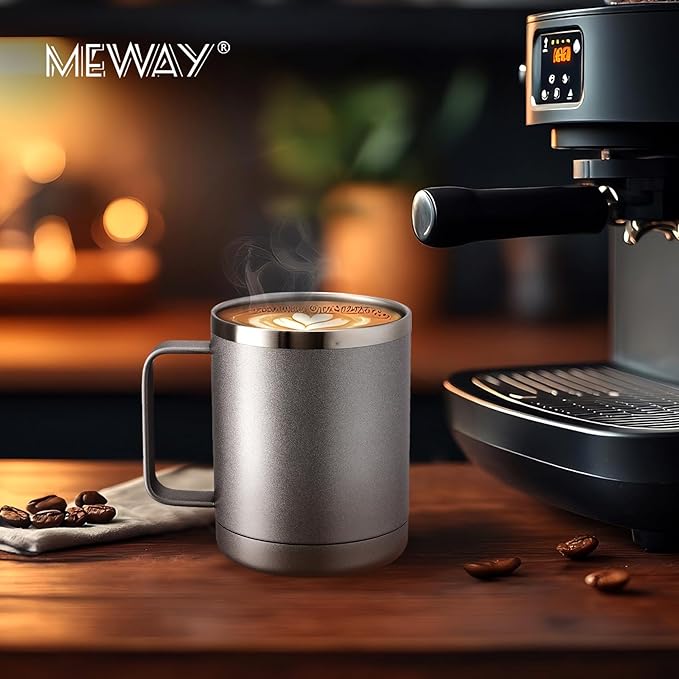 MEWAY 12oz Coffee Mug With Handle and Sliding Lid,Stainless Steel Travel Tumbler Cup with Handle,Double Wall Vacuum Insulated Camping Cup for Hot & Cold Drinks Tea (Cold Grey,Set of 1