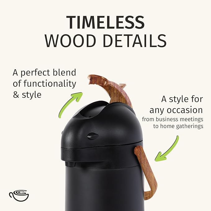 Thermal Coffee Carafe 102Oz w/Wood Trim, Keeps Coffee Hot for 12Hrs & Cold for 36Hrs-Premium Stainless Steel Carafe for Hot Liquids, Easy One-Handed Dispensing for Office, Home, Party, Durable Airpot