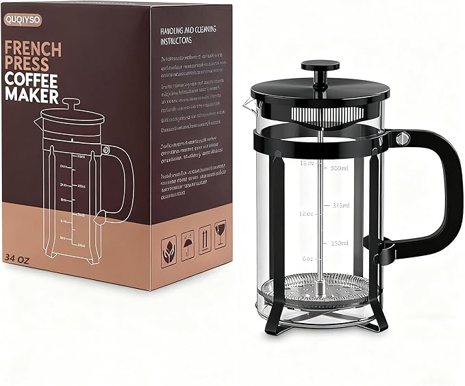 QUQIYSO French Press Coffee Maker 34oz 304 Stainless Steel French Press with 4 Filter, Heat Resistant Durable, Easy to Clean, Borosilicate Glass Coffee Press, 100% BPA Free Glass Teapot, Black
