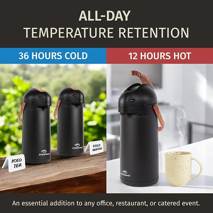 Thermal Coffee Carafe 102Oz w/Wood Trim, Keeps Coffee Hot for 12Hrs & Cold for 36Hrs-Premium Stainless Steel Carafe for Hot Liquids, Easy One-Handed Dispensing for Office, Home, Party, Durable Airpot
