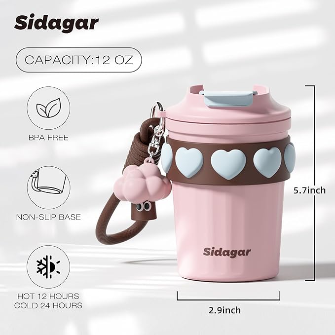 12 oz Travel Coffee Mug Spill Proof Leak Proof, Stainless Steel Thermal Coffee Cup with Lid, Resuable Cup for Hot and Cold, Portable Tumbler for Women, Light Pink