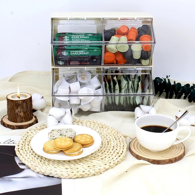 Bokelai Creamer Holder Plastic Tea Bag Organizer with Lid Large Capacity K Cup Countertop Organizer Versatile Desk Storage Station for Capsule Suger Pods Face Mask Cream/Clear