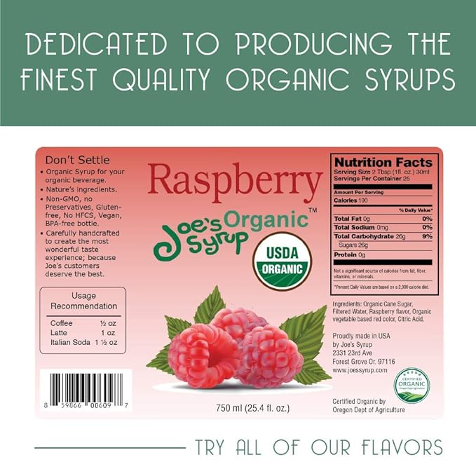 Joe’s Syrup Organic Flavored Syrup, Organic Raspberry, 750 ml