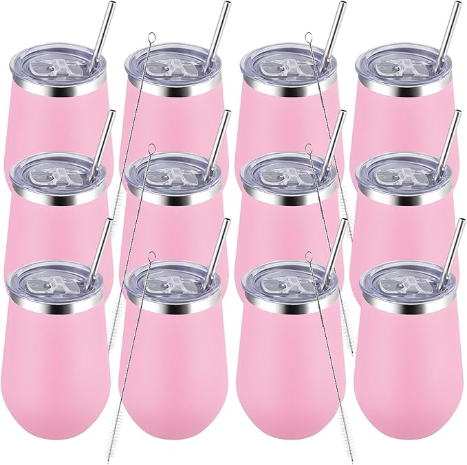 MEWAY 12oz Insulated Wine Tumbler with Lid and Straw - Double Wall Vacuum Stainless Steel Wine glass, Ideal for Travel and Office, Baby shower prizes for winners(Pink,Set of 12)