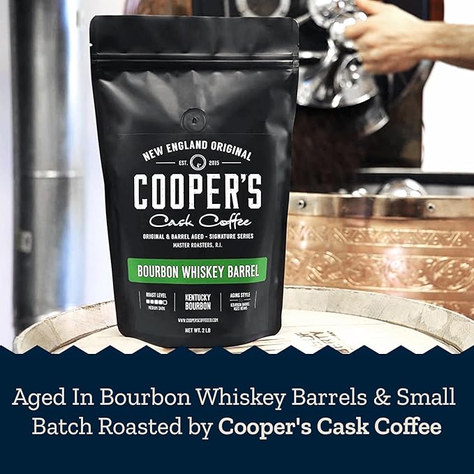 Bourbon Whiskey Barrel Aged Coffee - Whole Bean, Grade 1 Colombian Coffee Beans Aged in Kentucky Bourbon Whiskey Barrels - 2lb Bags