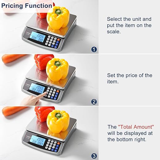 110lb Food Scale, Commercial Kitchen Scale with Price Computing, Plug-in Usable, 0.05oz/1g, 304 Stainless Steel, for Cooking, Vegetables, Farm, Industry, Counting. LC300 Grey