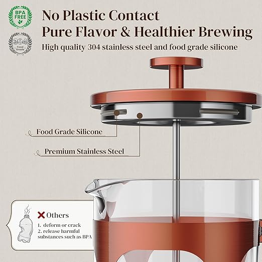 Veken French Press Coffee Maker 34oz 1 L, No Plastic Touching Cafe, Heat Resistant Thickened Borosilicate Glass, Stainless Steel Brewer, Cold Brew Cafetera Teapot for Kitchen Travel Camping, Copper