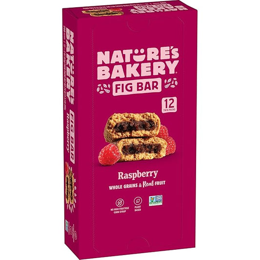 Nature’s Bakery Whole Wheat Fig Bars, Raspberry, Real Fruit, Vegan, Non-GMO, Snack bar, 1 box with 12 twin packs (12 twin packs)