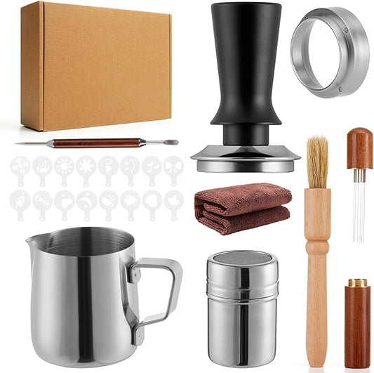 24pcs Espresso Tamper Set, Barista Tools Kit for Coffee Machine, Spring-Loaded 304 Stainless Steel Base 30lbs Coffee Calibrated Tamper Tools for Enjoying cafes Home Office hotels (51mm)