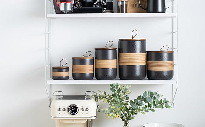 Small Ceramic Jar with Lid, Coffee Container Kitchen Food Storage Jars for Spice Sugar Tea Bag Matcha Container Airtight, Stacairtightkable Decorative Jars for Countertop, Black & 5 fl.oz