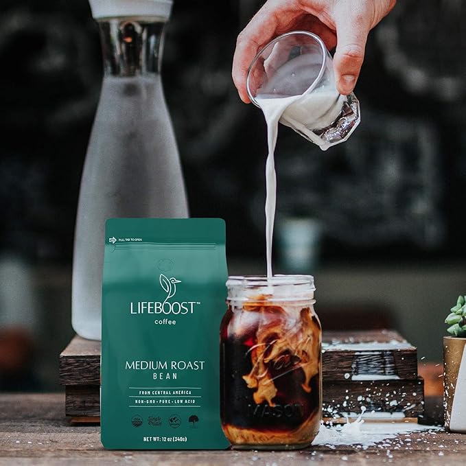 Lifeboost Organic Coffee Beans Medium Roast - Low Acid Single Origin Non-GMO Organic Whole Bean Coffee - Third Party Tested For Mycotoxins & Pesticides - 12 Ounces