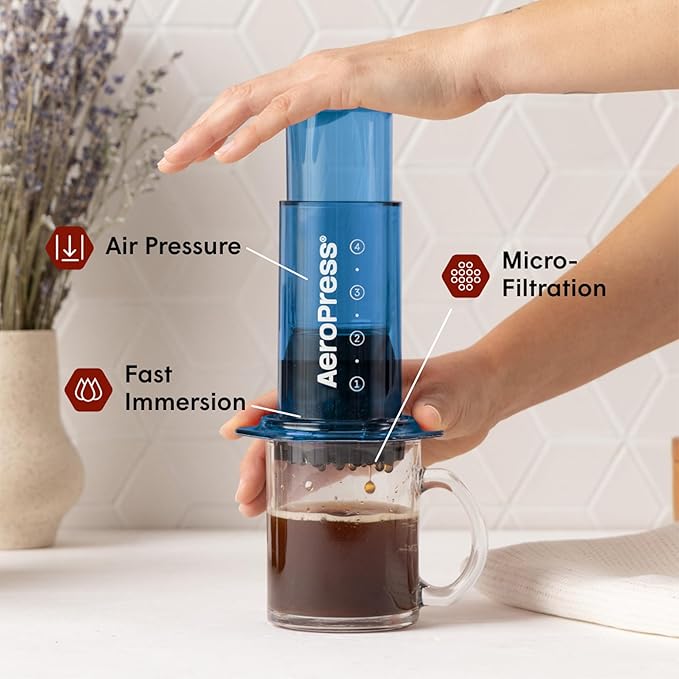AeroPress Clear Blue Coffee Press - All-in-One French Press, Pour-Over & Espresso Style Manual Brewer, 2 Min Brew for Less Bitterness, More Flavor, Small Portable Coffee Maker, Travel & Camping