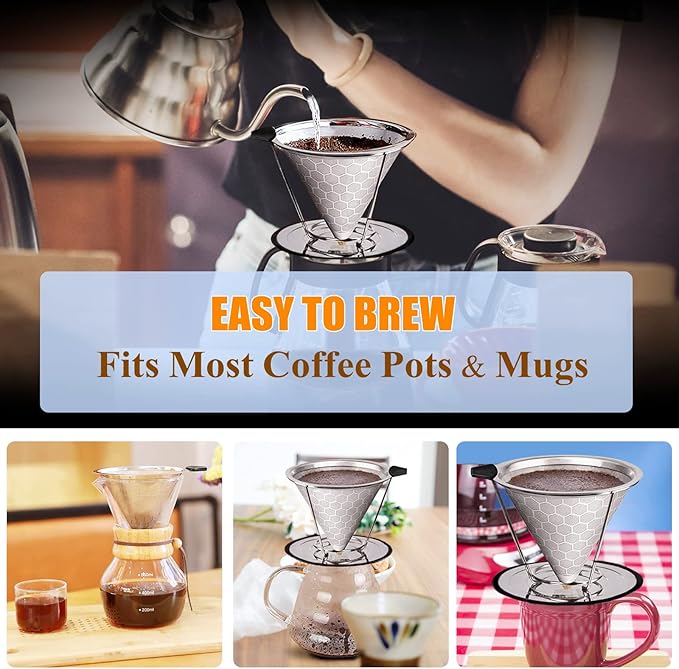 Pour Over Coffee Dripper, Reusable Cone Coffee Filter 1-4 cup, Stainless Steel Portable Coffee Filters Coffee Maker with Cleaning Brush for Home Office Travel Camping