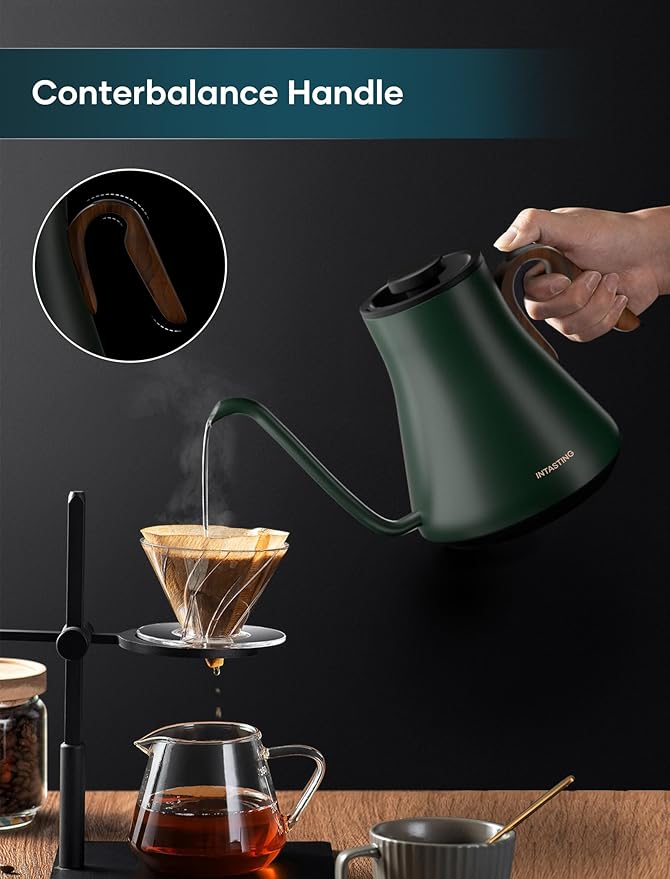 Electric Kettle, Gooseneck Electric Kettle, ±1℉ Precise Temperature Control, Stainless Steel Interior, Quick Heating for Pour Over Coffee, Tea & Boiling Water, 0.9L (Forest Green)