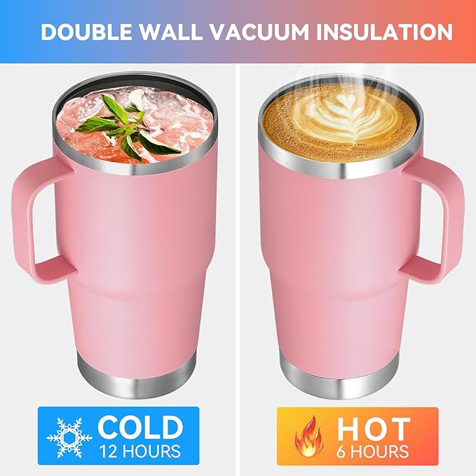 VEGOND 20 oz Tumbler with Handle Lid and Straw, Stainless Steel Insulated Travel Coffee Mug Spill Proof Double Wall Metal Tumbler Cup Keeps Drink Hot and Cold, Pink 1 Pack