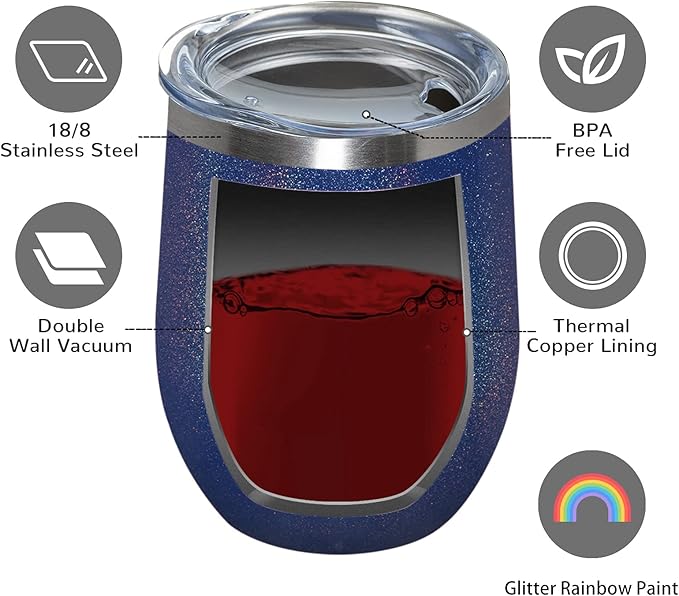 MEWAY 12oz/8 Pack Wine Tumbler Glasses with Lid - Stemless Double Wall Vacuum Stainless Steel Glitter Tumbler - Keeping Cold & Hot Cup for Coffee,for Women(Rainbow Navy,Set of 8)