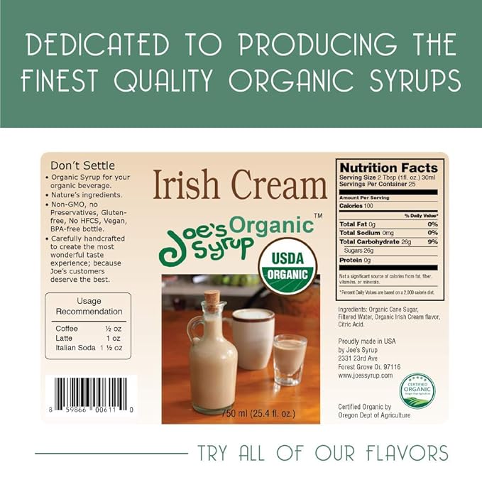 Joe’s Syrup Organic Flavored Syrup, Organic Irish Cream, 750 ml