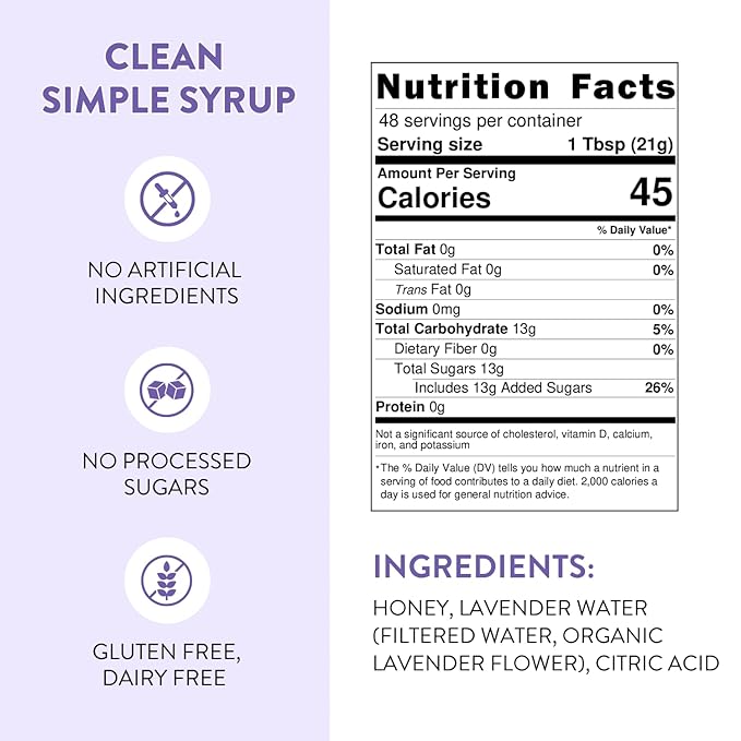 Lavender Honey Simple Syrup for Coffee, Cocktails, Tea, Matcha - Clean Simple Syrup with Real Lavender & Honey - 36 oz