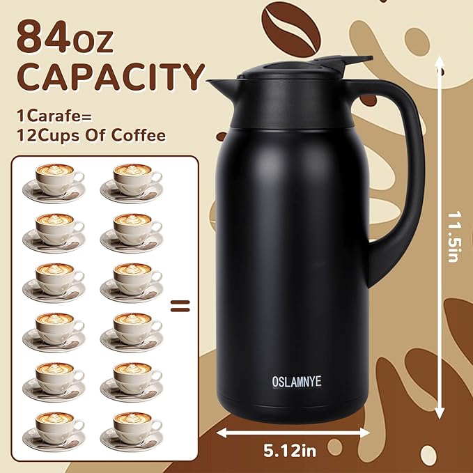 316Stainless Steel Coffee Carafe 84oz - 12 Hours Hot & 24 Hours Cold Large Capacity Coffee Server for Home/Office/Camping Black