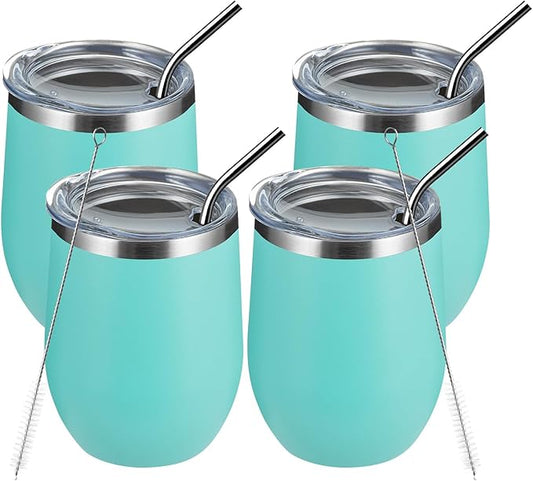 MEWAY 12oz/4 Pack Wine Tumbler Glasses with Lid - Stemless Double Wall Vacuum Stainless Steel Travel Tumbler - Keeping Cold & Hot for Wine,Coffee,Cocktails,Gifts(Light green,Set of 4)