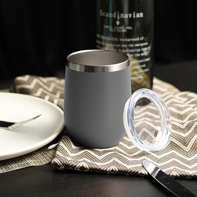 DOMICARE Stainless Steel Wine Tumbler Bulk with Lid, Personalized Insulated Tumblers Set, 12oz Travel Coffee Cups Pack of 1, Gray