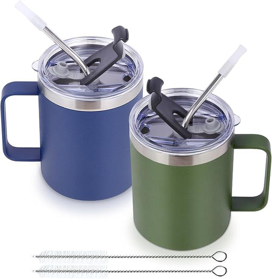Volhoply 12oz Insulated Leakproof Coffee Mug with Sliding & Straw Lid Bulk 2 Pack,Double Wall Vacuum Stainless Steel Travel Tumbler Cup with Handle,Camping Mugs Keep Cold/Hot(Assort color,2 Set)