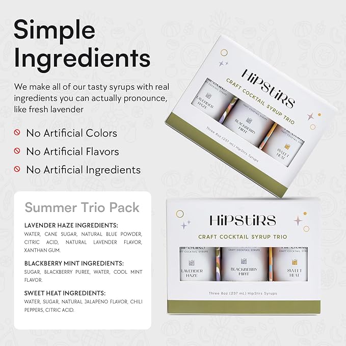 HipStirs Summer Cocktail Syrup Trio | Sweet Heat, Lavender Haze, Blackberry Mint | Craft Drink Mixers for Cocktails & Mocktails | Small Batch, Natural Ingredients (3 Pack, 8oz Bottles)