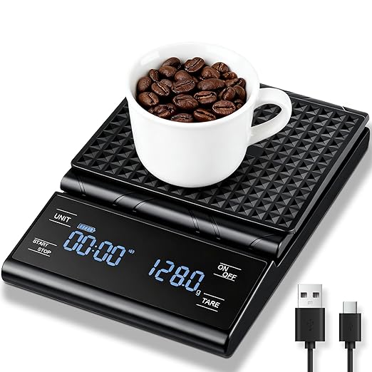 Rechargeable Coffee Scale with Timer, 5kg/0.1g Precision Pour Over Drip Espresso Scale for French Press, Digital Kitchen Scale with Auto Tare, Lit LCD Display and Silicone Cover