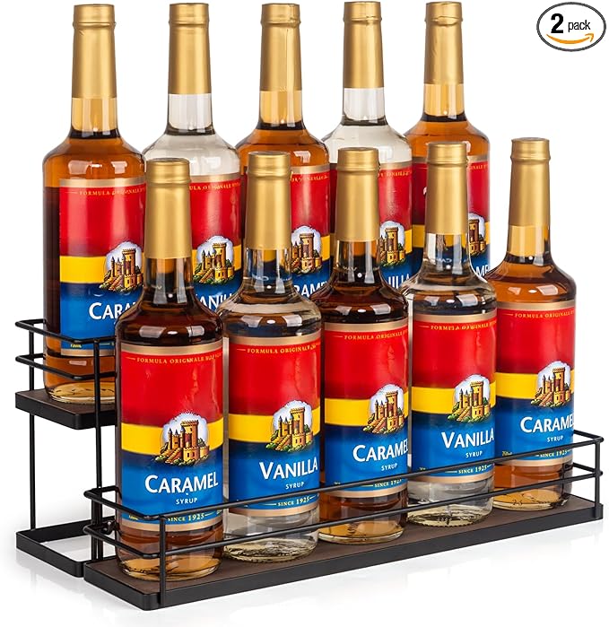 10 Bottle Capacity Coffee Syrup Organizer 2 Tier Coffee Syrup Stand Shelf for Coffee Bar Kitchen Small Wine Rack for Bar Family Storage for Syrup Wine Dressing