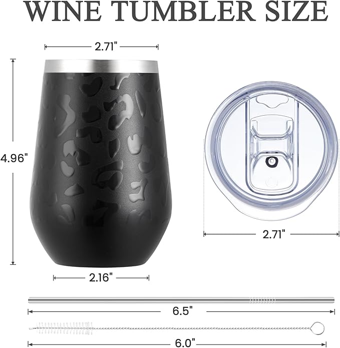 MEWAY 12oz Stainless Steel Wine Tumbler with Lid - Double Wall Vacuum Insulated Swig cups for Hot and Cold Drinks, Ideal for Coffee, Beer, Wine gifts for Women under 10 dollars(Black Leopard,1)