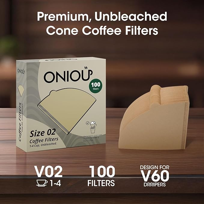 V60 Coffee Filters 02, ONIOU Unbleached Size 02 Cone Coffee Filters, 100 Count Natural Brown Pour Over Paper Filters for Hario V60 & Others 1–4 Cup Coffee Dripper - Package May Vary