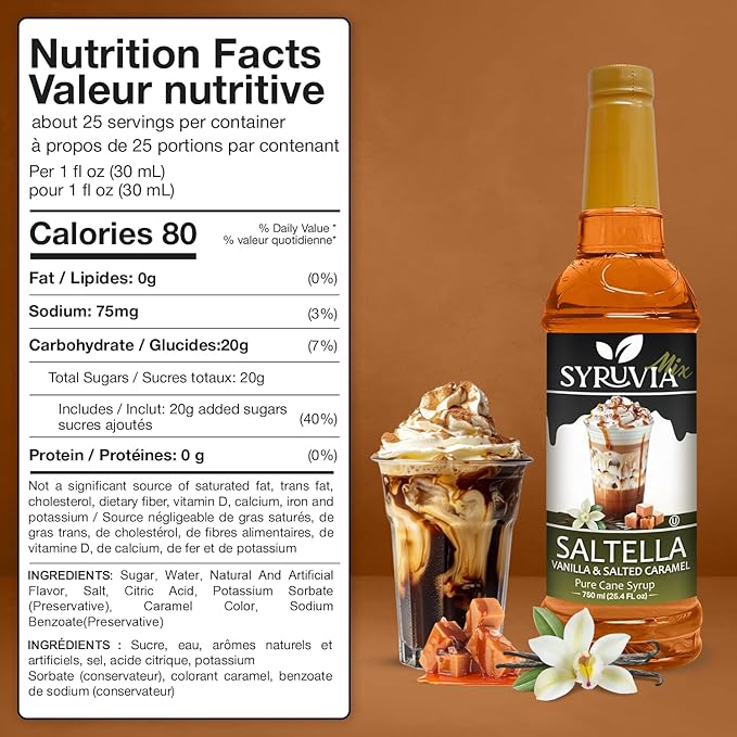 Syruvia SALTELLA Coffee Syrup Vanilla Salted Caramel - 25.4 fl oz - Kosher Syrups, Gluten Free With Pump