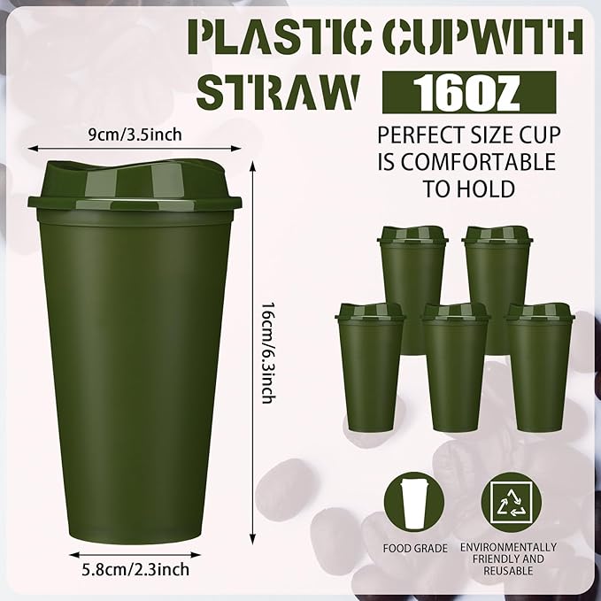 Domensi 15 Pack Reusable Coffee Cups with Lids 16 oz Disposable Travel Cups Bulk Plastic to Go Coffee Tumblers for DIY Hot Cold Drink Party Favors Coworker, Microwaveable (Army Green)
