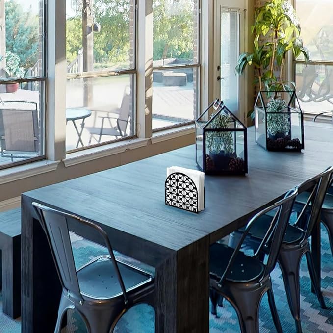Modern Geometric Round Decorative Black Metal Napkin Holder for Table, 4.9" x 4.9" x 1.9" Standing Napkin Holder for Home Kitchen Restaurant Picnic Party Coffee Bar Dining Room
