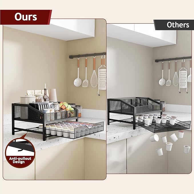 Coffee Bar Organizer - Coffee Station for Countertop, Metal and Wood K Cup holder Storage Basket with Drawer for Syrup, Cups, Stirrer, Condiment, Tea Organizer, Black