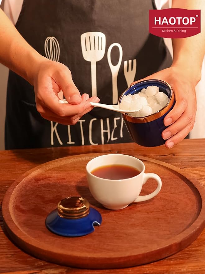 HAOTOP 8 oz Sugar Bowl with Lid and Spoon, Simple Ceramic Sugar Jar Sugar Dispenser Sugar Container Coffee Bar Accessories, Modern Kitchen Countertop Canisters, Navy