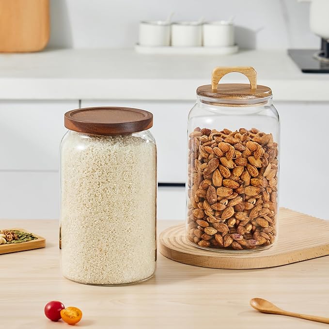 Sweejar Large Glass Candy Jars with Wooden Lids, 1 Gallon Glass Jar with Lid, Sugar/Flour Storage Containers, Big Glass Canisters with Airtight Lid, 2