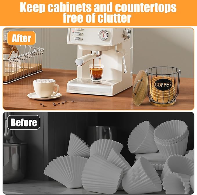 Coffee Filter Holder with Lid, Vintage Metal Coffee Bar Accessories, Coffees Filter Holders for Counter Storage Basket (Black)