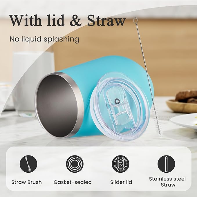 MEWAY 12oz Insulated Wine Tumbler with Lid and Straw - Double Wall Vacuum Stainless Steel Wine glass, Ideal for Travel and Office, Baby shower prizes for winners(Light Green,Set of 8)