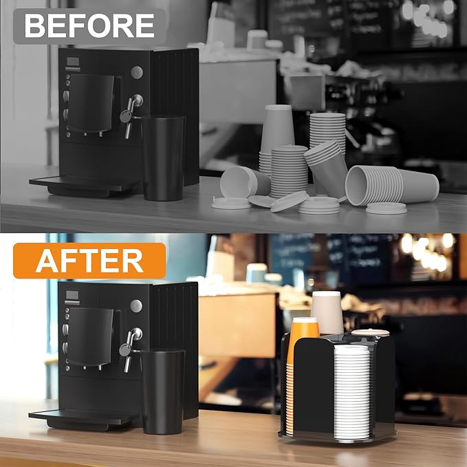 Beego Coffee Cup Holder Organizer - Rotatable 4 Compartments Black Acrylic Cup Dispenser Station With Lid Carousel - Countertop Plastic Cup Holder for Restaurant Breakroom Bar Accessories