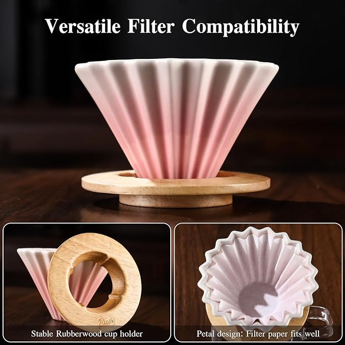 Bincoo Ceramic Coffee Dripper,Pour Over Coffee Dripper with Wood Stand, Flower-shape for 1-2 Cups Slow Brewing Maker for Home Cafe (Pink)