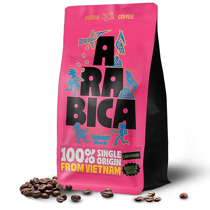 BAZAN COFFEE – Vietnamese Specialty Arabica Cau Dat, Medium Roast Whole Bean Coffee, Single Origin, Floral & Warm Spice Notes, Low Acidity, Perfect with Milk or Black, 12oz Bag
