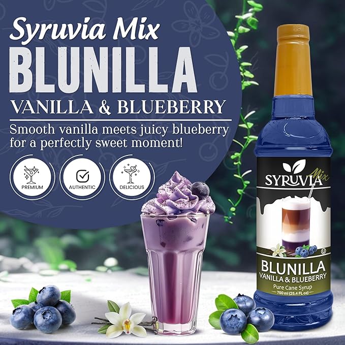 Syruvia BLUNILLA Coffee Syrup Vanilla Blueberry - 25.4 fl oz - Kosher Syrups, Gluten Free With Pump