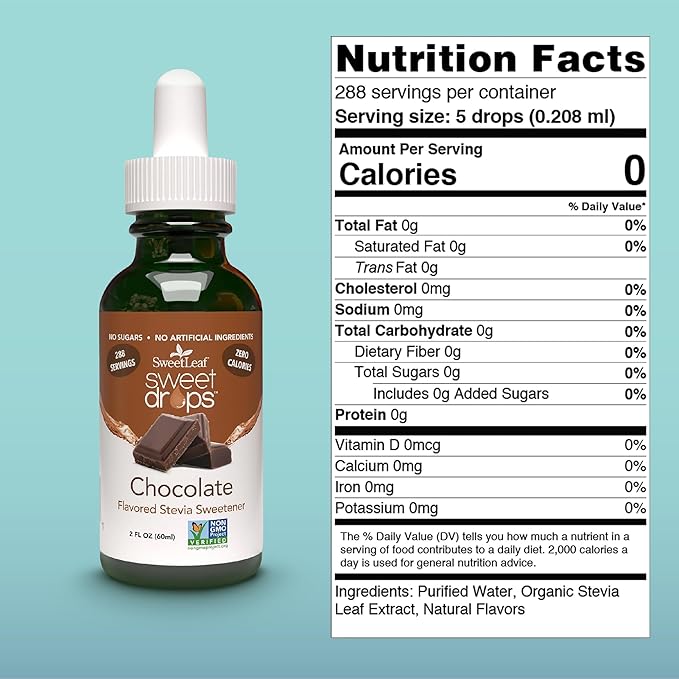 SweetLeaf Sweet Drops- Flavored Stevia Liquid Sweetener, Organic Stevia Extract, Zero Calories, Gluten Free, Keto Friendly, Non GMO, Natural Flavors, Sugar Alternative - Chocolate, 2 Fl Oz (Pack of 1)