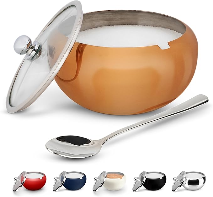 KooK Sugar Bowl, Sugar Bowl with Lid and Spoon, Sugar Container with Lid, for Salt, Coffee, Holds 2 Cups, Dishwasher Safe, Copper, 16 Oz