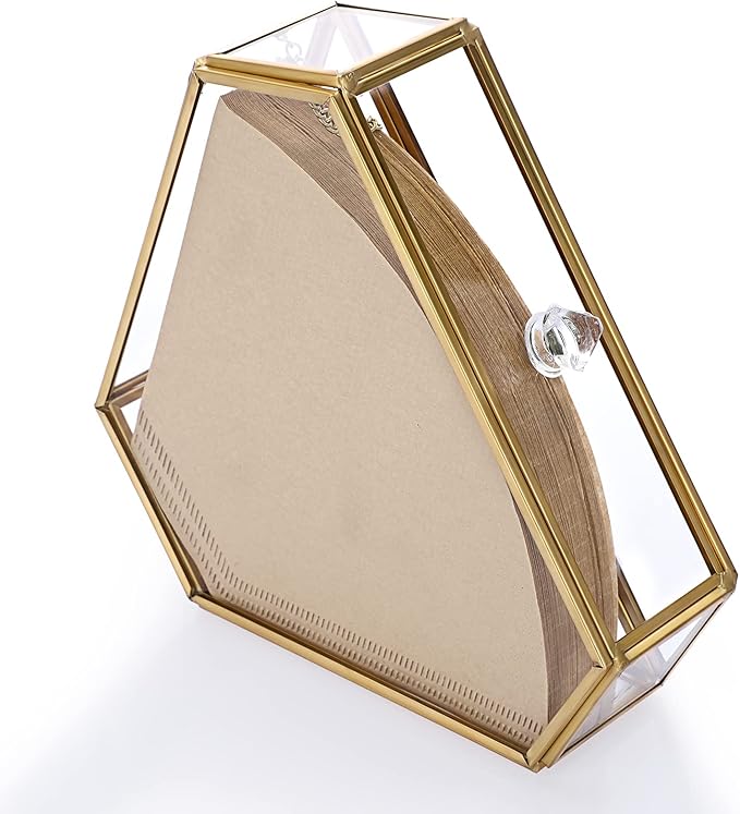 ELLDOO Gold Glass Coffee Filter Holder Coffee Paper Storage Container Filter Paper Dispenser Rack with Dustproof Cover