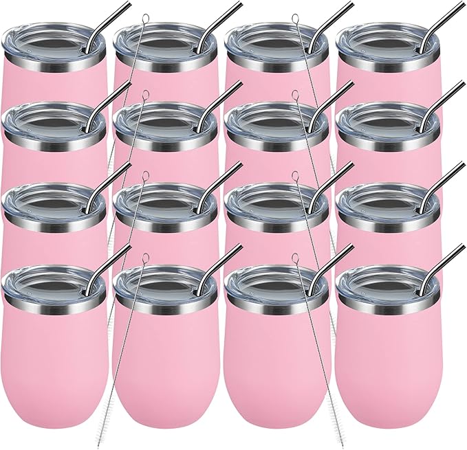 MEWAY 12oz Wine Tumbler 16 Pack Bulk Gifts for Women,Double Wall Vacuum Stainless Steel Travel Mug with Lid,Insulated Stemless Wine Cup Glass for Coffee,Cocktails,Drinks(Pink,Set of 16)